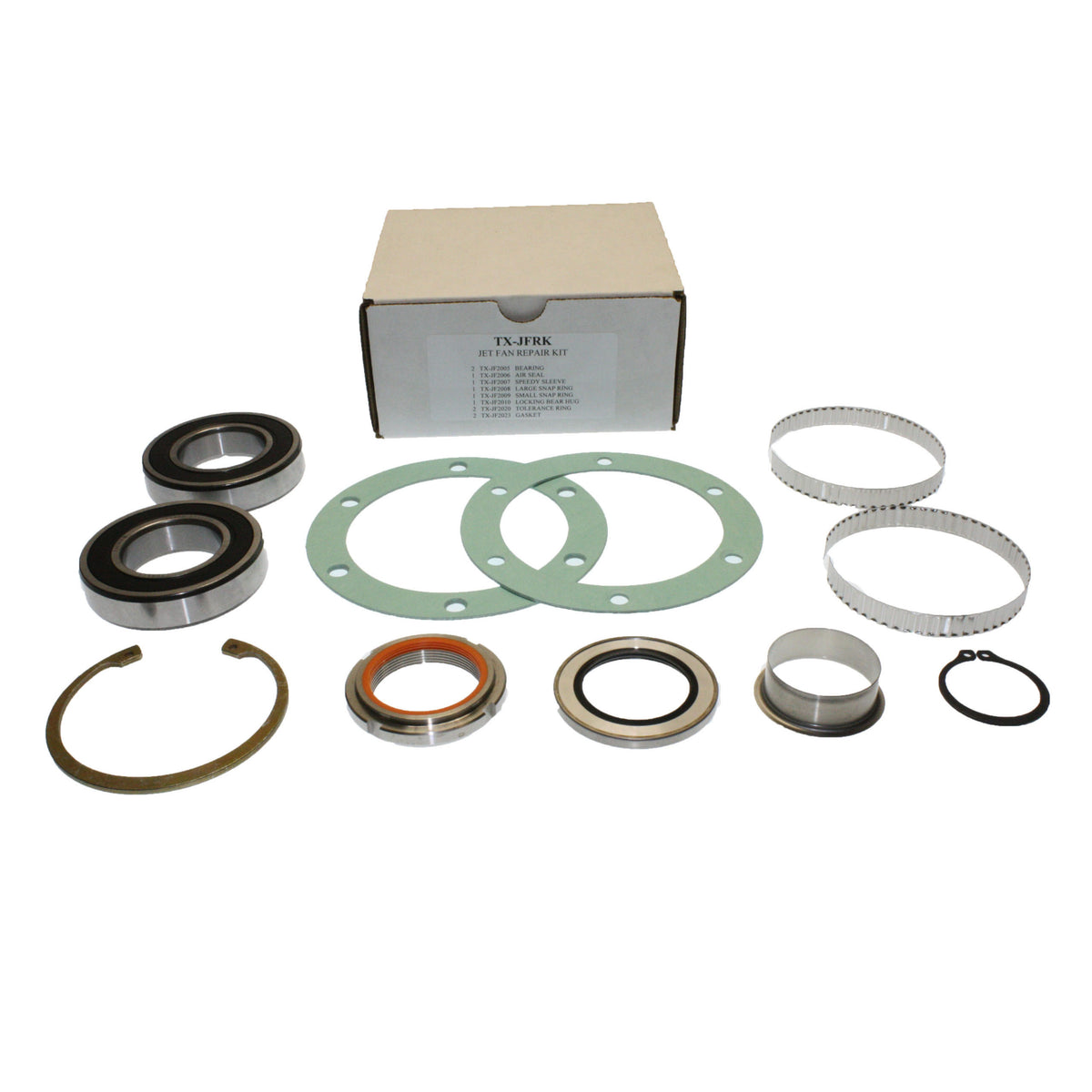 20" & 24" Jet Fan Repair Kit Kit Includes: 2 - TX-JF2005 - Bearing 1 - TX-JF2006 - Air Seal 1 - TX-JF2007 - Speedy Sleeve 1 - TX-JF2008 - Large Snap Ring 1 - TX-JF2009 - Small Snap Ring 1 - T - Texas Pneumatic TX-JFRK